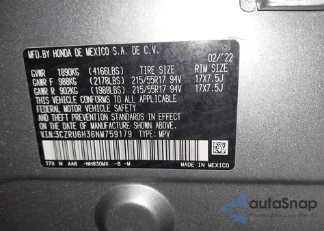 2022 Honda Hr-V Awd Lx z USA, uszkodzony, nr VIN 3CZRU6H36NM759179